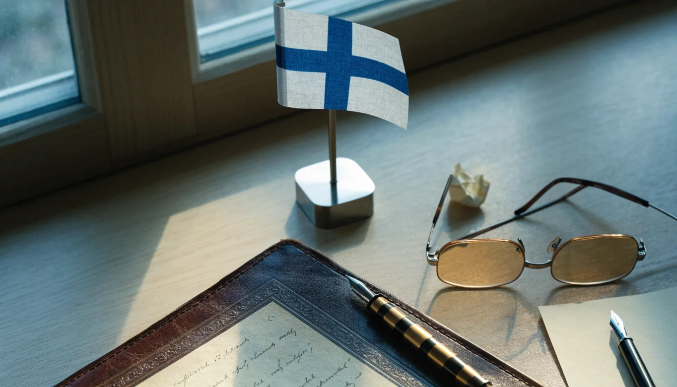 Lakiasiakirja, kynä ja Suomen lippu puisella työpöydällä